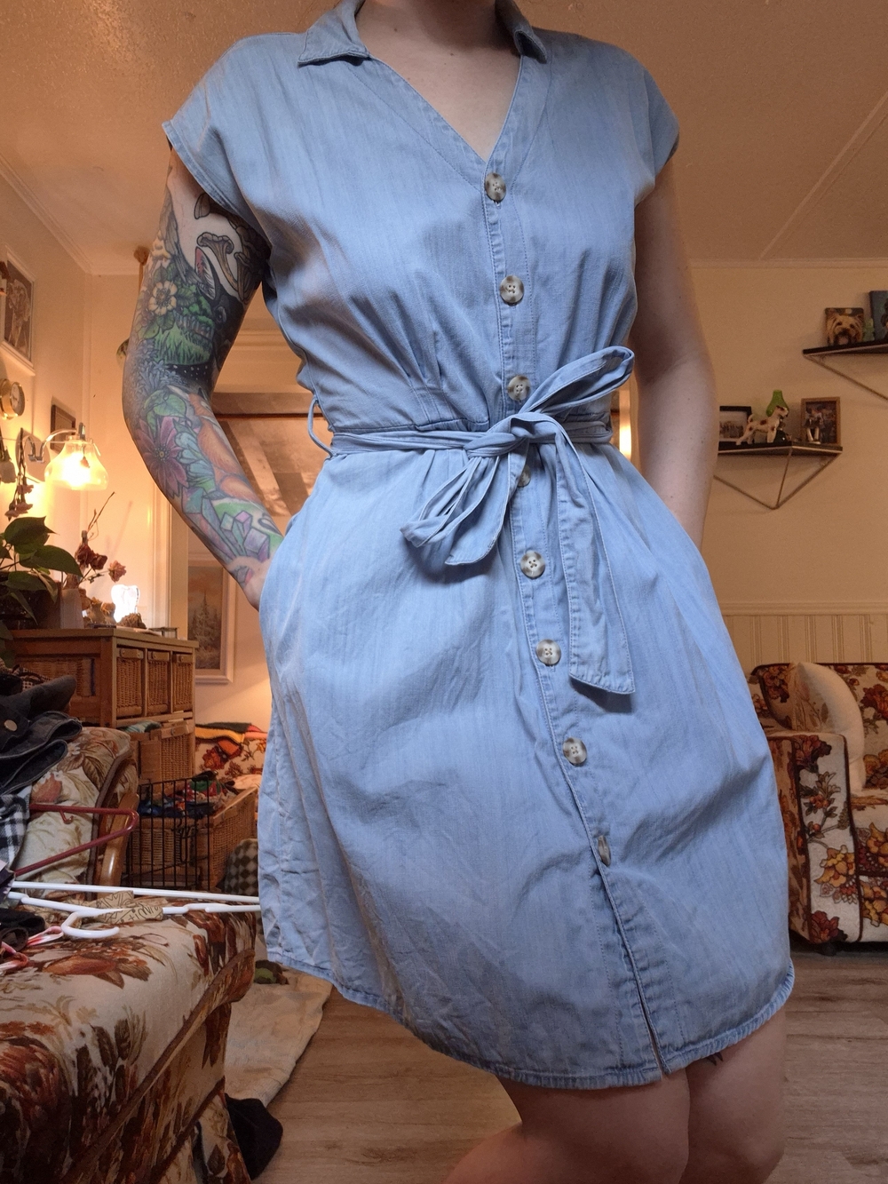 Suzy Shier Light Blue Button-Front Tie-Waist Mini Dress